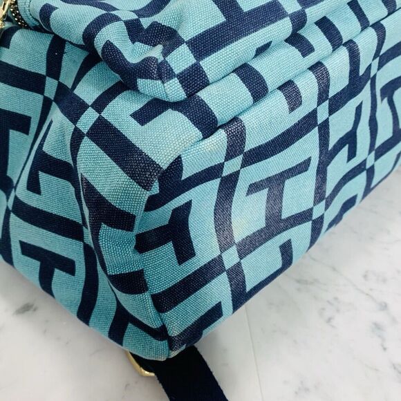 TOMMY HILFIGER Dome Backpack 17" Monogram Logo Navy Teal Canvas Preppy Bag VGUC - Picture 7 of 12